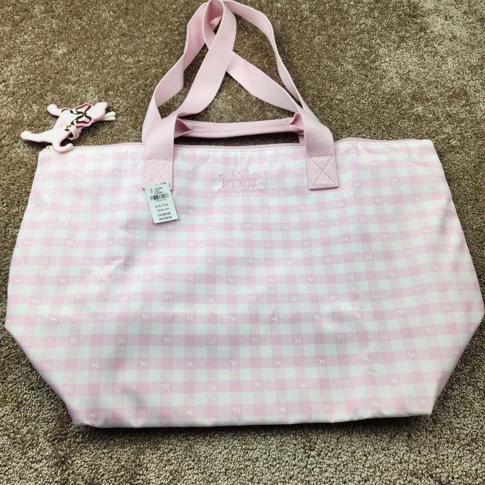 PINK Victoria's Secret x LoveShackFancy Gingham Tote Bag Pink White NWT 27149783